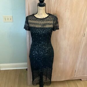 NWT Adrianna Papell Black Sequin Sheath Dress mesh short sleeve mother bride 4